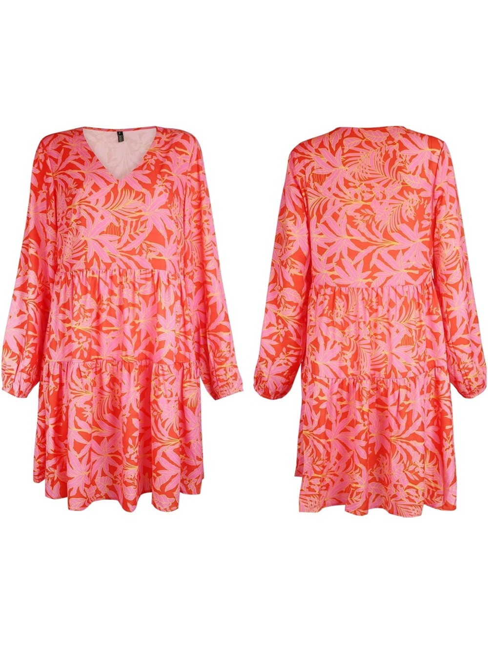 Fancyinn Pink & Coral Leaf-Print Tiered V-Neck Long Sleeve Dress